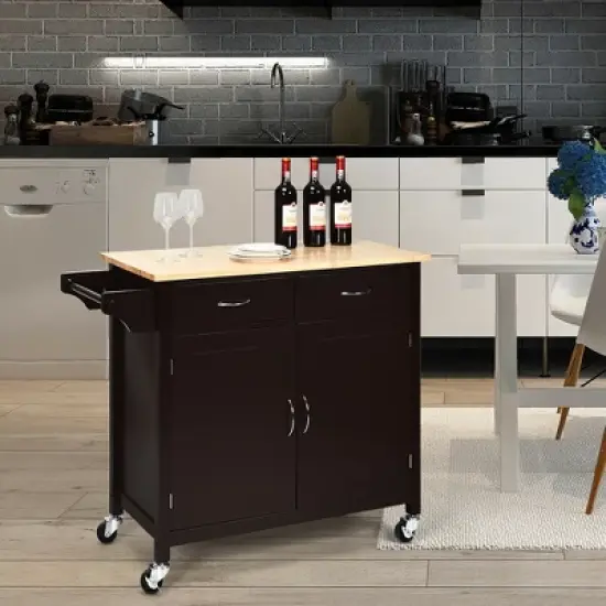 Costway Modern Rolling Kitchen Cart Island Wood Top Storage Trolley Cabinet Utility Brown image {4}