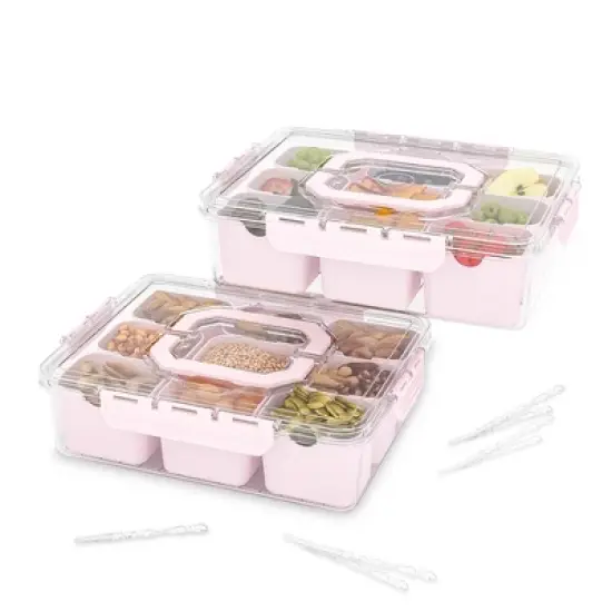 OBOKATA Divided Serving Tray with Lid and Handles 9 Compartments Snack Box Container Charcuterie Organizer Snackle Box Container for Candy,Nuts,Pink image {7}