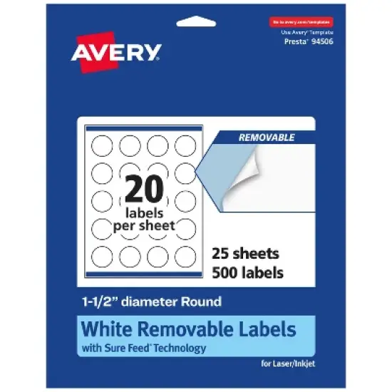 Avery Matte White Removable Round Labels with Sure Feed Technology, Print-to-the-Edge, 1.5" diameter image {10}