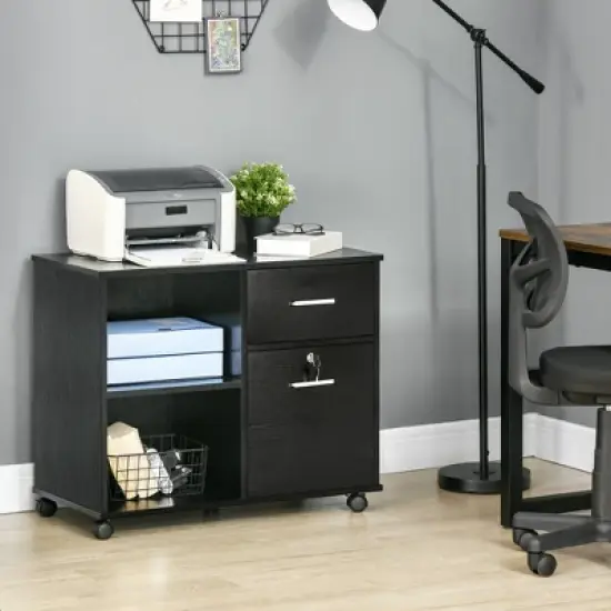 Vinsetto Lateral File Cabinet with Wheels, Mobile Printer Stand with Open Shelves and Drawers for A4 Size Documents, Black image {2}