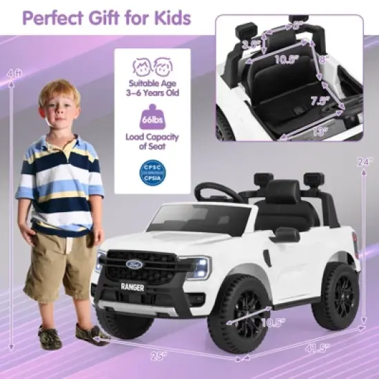 Infans 12V Licensed Ford Ranger Ride On Car for Kids, Spring Suspension, 3 Speeds, Horn, LED Lights, Powered Ride On Toy with Remote Control, White image {1}