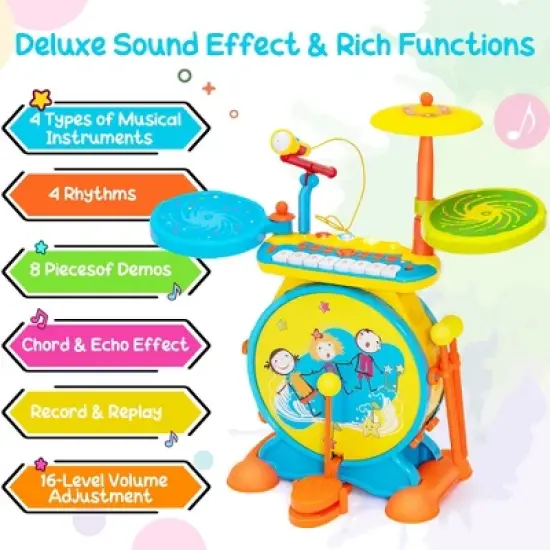 Costway 2-in-1 Kids Electronic Drum Kit Music Instrument Toy w/ Keyboard Microphone Blue image {8}
