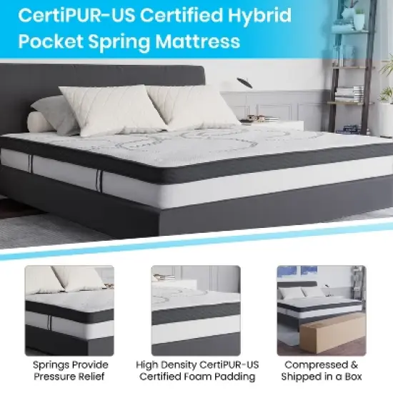 Flash Furniture Riverdale Tufted Upholstered Platform Bed with 10 Inch CertiPUR-US Certified Foam and Pocket Spring Mattress image {2}