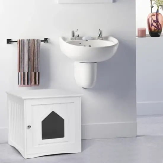 Tangkula Wooden Pet Cat House Litter Box Cat Washroom Nightstand Cat Storage Bench image {4}