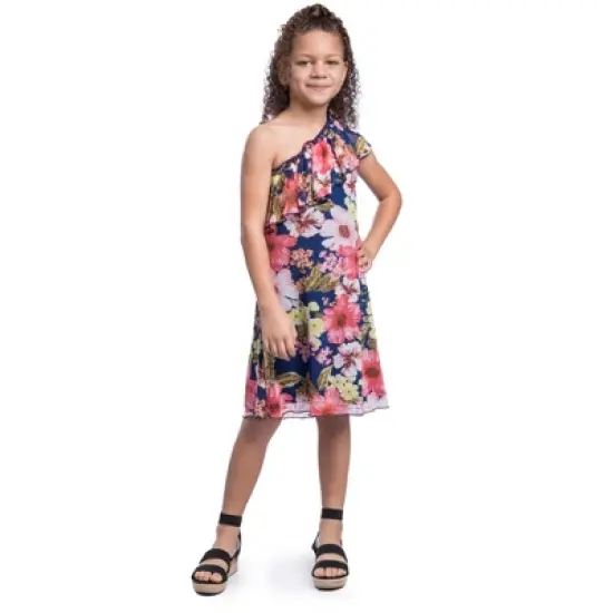 24seven Comfort Apparel Girls Blue Floral One Shoulder Ruffle Knee Length Dress image {7}