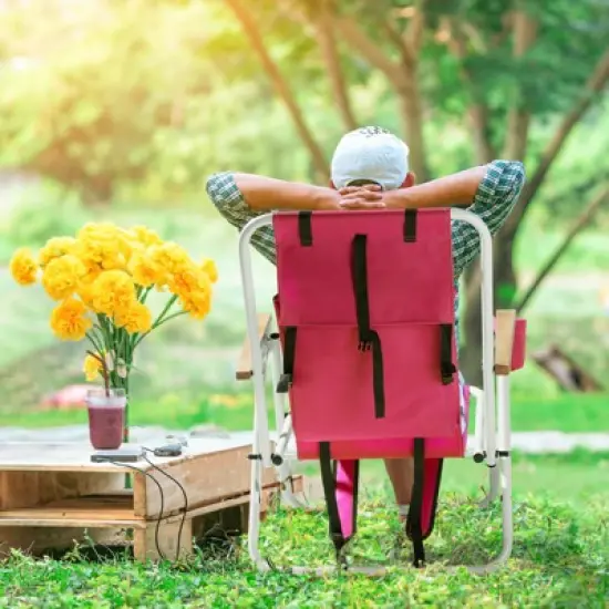 DOMETOUR Folding Beach Chair, 4 Position Portable Backpack Foldable Camping Chair with Headrest Cup Holder and Wooden Armrests, Pink image {3}