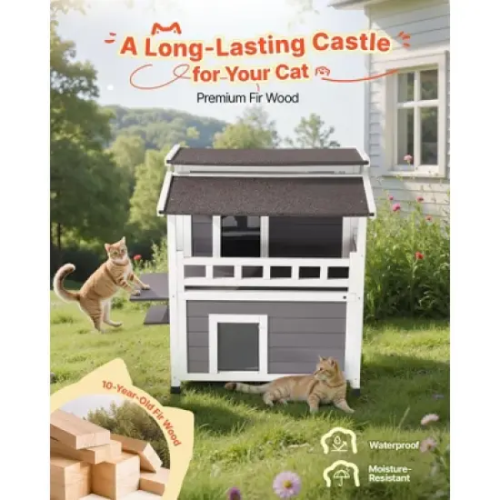 VEVOR Insulated Cat House, 2-Story Wooden Cat Shelter, Foam Insulation, Feral Kitty Shelter with Balcony, Waterproof Cats Condos, White&Grey image {5}
