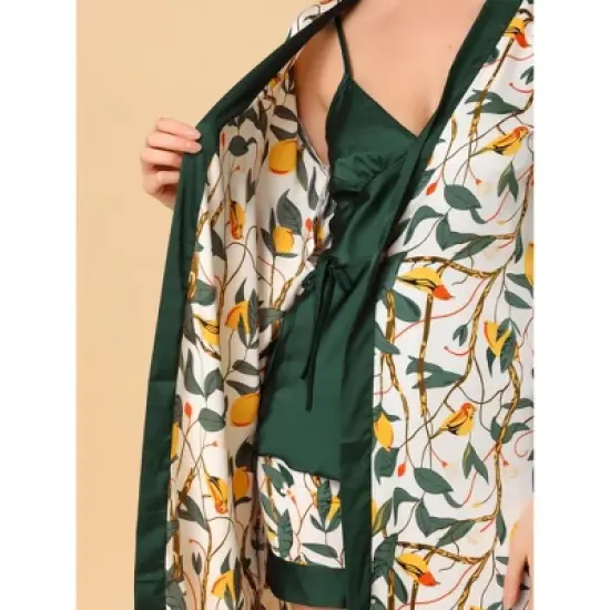 cheibear Womens Satin Floral Lounge Cami Nightgown Sleepwear 4pcs Pajama Sets image {5}