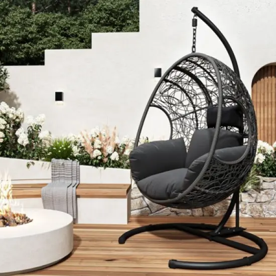 Okak PE Wicker Egg Swing Chair with Stand,Indoor/Outdoor Hanging Chair with Cushion,Porch Swing for Patio,Garden,Backyard image {10}