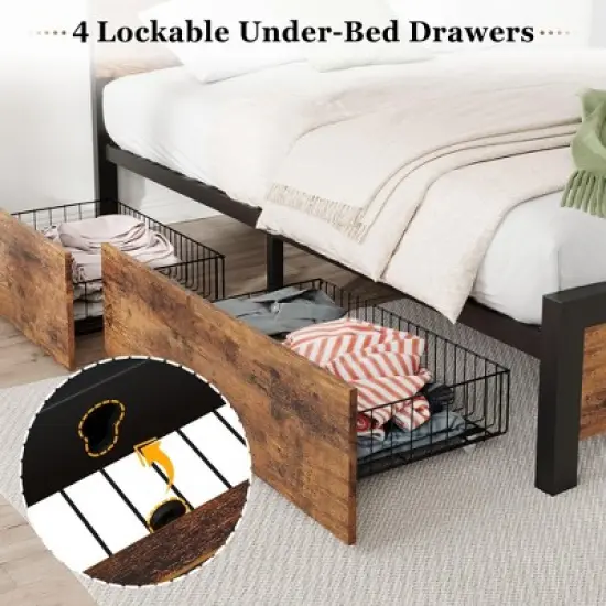 Bed Frame with 4 Storage Drawers, Metal Platform Bed with Wooden Headboard, Noise Free, No Box Spring Needed, Easy Assembly, Vintage Brown image {2}