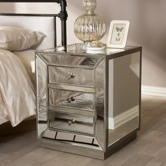 Currin Contemporary Mirror 3 Drawer Nightstand Silver - Baxton Studio image {5}