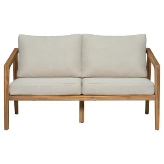 Outdoor Acacia Wood Side Loveseat,Fabric Upholstered Armrests Sofa With Solid Wood Frame,Slatted Backrest Patio Sofa Chair-Coolbibila image {1}