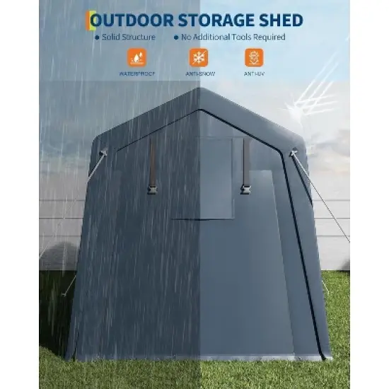 Acekool 6x6 FT Portable Outdoor Storage Shed, Dual Roll-Up Zipper Doors, Heavy-Duty Waterproof PE Tarp, UV-Resistant Shelter for Tools, Gray image {3}