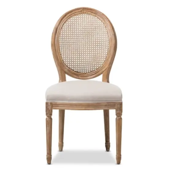 Adelia French Vintage Cottage Weathered Oak Wood Finish and Fabric Upholstered Dining Side Chair with Round Cane Back - Beige - Baxton Studio image {1}