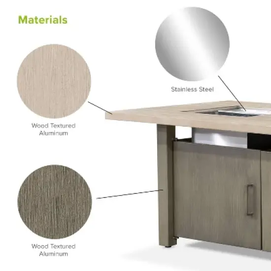 Greemotion 71" Bordeaux Wood Textured Metal Top Dining Fire Pit Table with Ice Chest Insert Brown: Contemporary Outdoor Furniture, Aluminum Frame image {2}