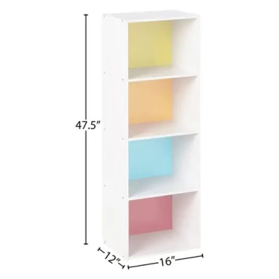Hodedah Import 12 D x 16 W x 47 H Inch 4 Shelf Bookcase Storage Organizer Solution for Living Room, Bedroom, or Office, White and Rainbow image {4}