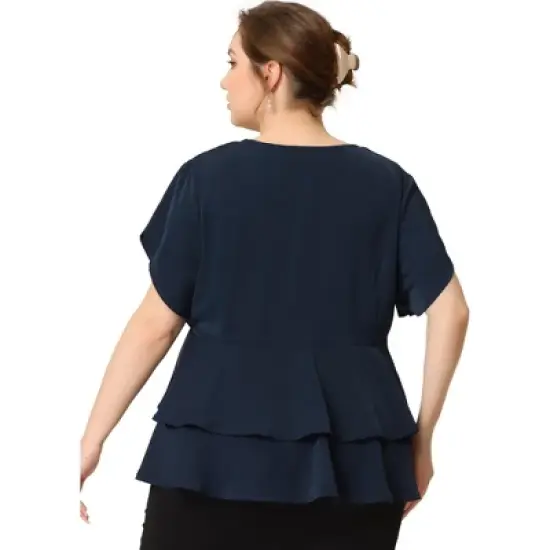 Agnes Orinda Women's Plus Size Peplum V Neck Ruffle Hem Buttons Front Work Formal Top image {3}
