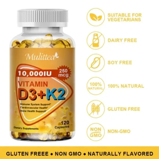 Mulittea 10000 IU Vitamin D3 K2, Support Bone & Joint Health, Increase Immunity, 60 Softgels image {4}