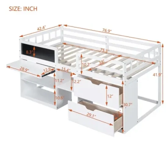 Twin Size Low Loft Bed with Rolling Desk, Shelves and Drawers - ModernLuxe image {2}