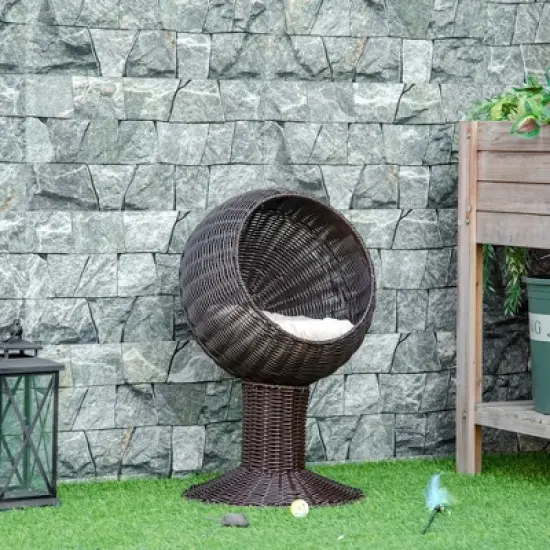 PawHut 27" Hooded Wicker Elevated Cat Bed Rattan Kitten Condo Round with Cushion image {1}