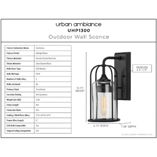 Urban Ambiance Luxury Farmhouse Outdoor Wall Sconce 12.75''H x 6.125''W,  Midnight Black Finish,  Henderson Collection, UHP1300 image {3}