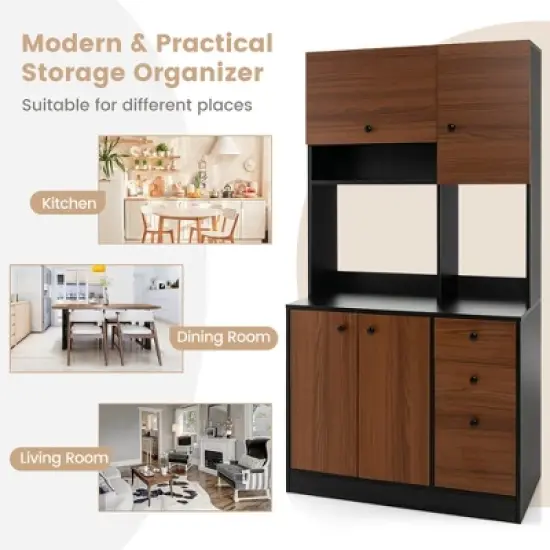Costway 71'' Tall Kitchen Pantry Buffet Hutch Freestanding Storage Cabinet 4 Doors White/Walnut image {8}