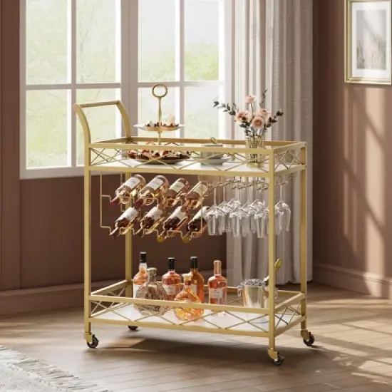Gold Bar Cart 2-Tier with Wheels, Gold Serving Cart with Wine Rack & Glass Holders for Living Room, Kitchen, Dining image {9}