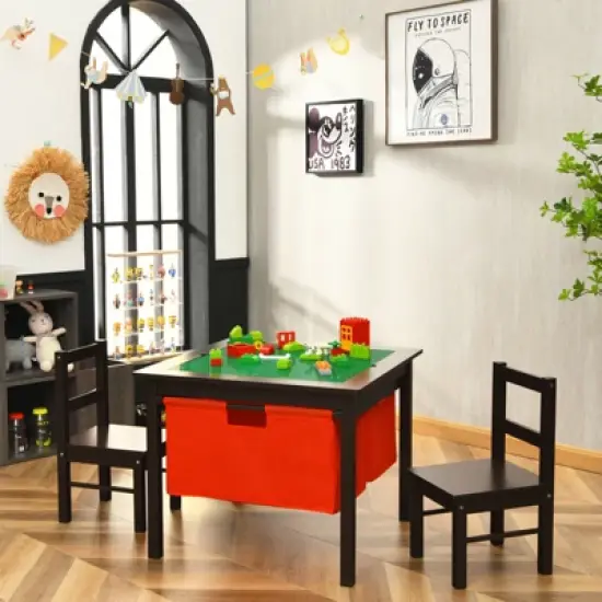 Costway 2-in-1 Kids Double-sided Activity Building Block Table W/ Drawers Brown image {3}