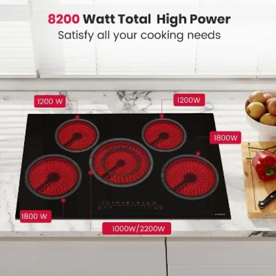 GASLAND CH775BF 30 Inches 5 Burners Built-in Ceramic Electric Cooktop, 240 V 8200 W, Touch Control, Safety Lock, Timer image {2}