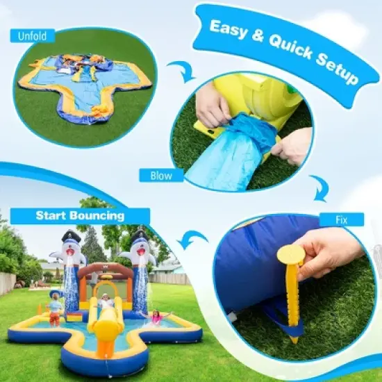 Costway Inflatable Water Slide Park Bounce House Splash Pool Water Cannon with 735W Blower image {6}