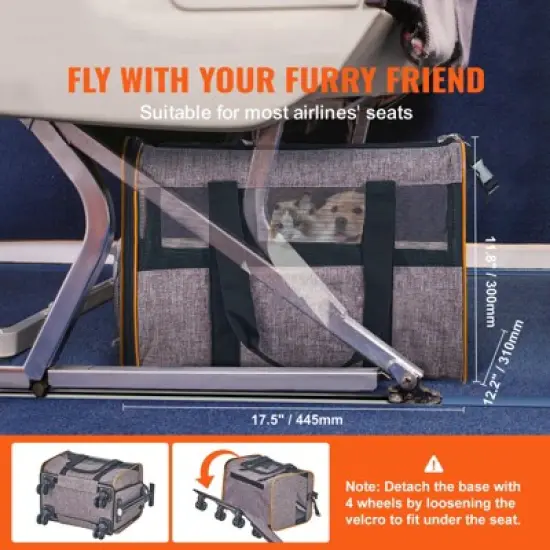 VEVOR Cat Carrier with Wheels, Airline Approved Rolling Pet Carrier with Telescopic Handle and Shoulder Strap, Dog Carrier with Wheels, Grey image {2}