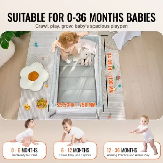 VEVOR Baby Travel Crib and Play Yard, Folding Baby Playpen with Soft Mattress Pad, Portable Toddlers Crib with Breathable Mesh and Travel Bag, Gray image {3}