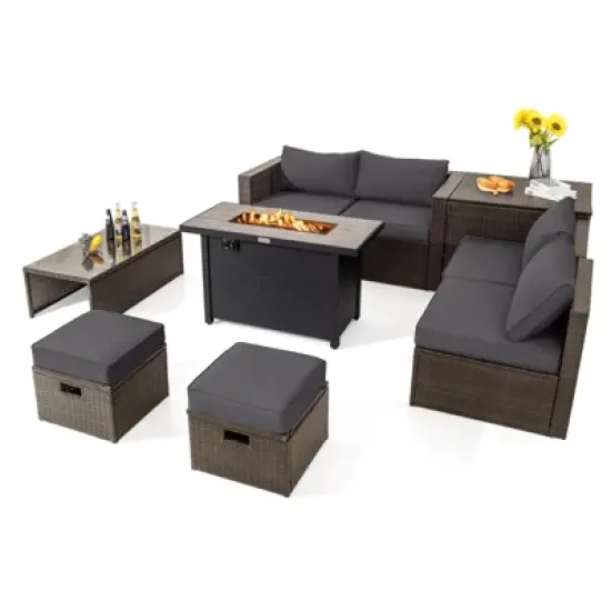 Tangkula 9 Pieces Outdoor Patio Furniture Set with 42" Propane Fire Pit Table Outdoor PE Wicker Space-Saving Sectional Sofa Set Black/Gray/Navy/Red/Turquoise/Off White image {11}