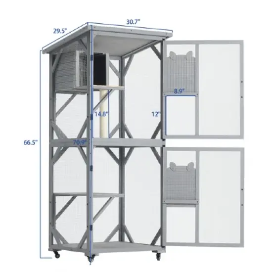 Catio Outdoor Cat Enclosure, 66.5" Wooden Cat Playen Catio with Wheels, Large Pet House with Platforms and Resting Box, Feral Animal Shelter image {1}