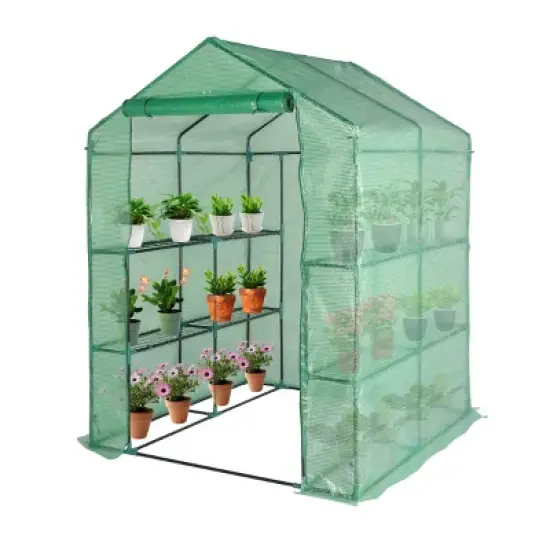 SEVOBAL Greenhouse Iron Pipe Steeple With 8 Pieces Grid Flower Stand With Zipper Rolling Door PE Green House Walk in Planting, Green, 93"*28"*18" image {5}