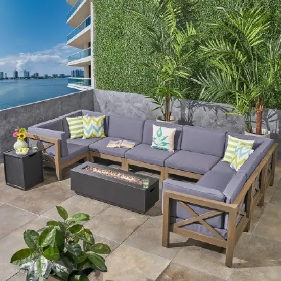 Thasos 10pc Acacia U-Shaped Farmhouse Sectional Sofa Set with Fire Pit - Gray - Christopher Knight Home image {4}