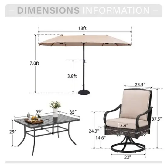 Captiva Designs 8pc Patio Rectangle Steel Dining Table & Rattan Chairs & Market Umbrella image {1}