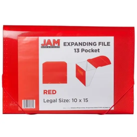 JAM Paper 10" x 15" 13 Pocket Plastic Expanding File Folder - Legal Size - Red: Accordion File Organizer, Stationery image {2}