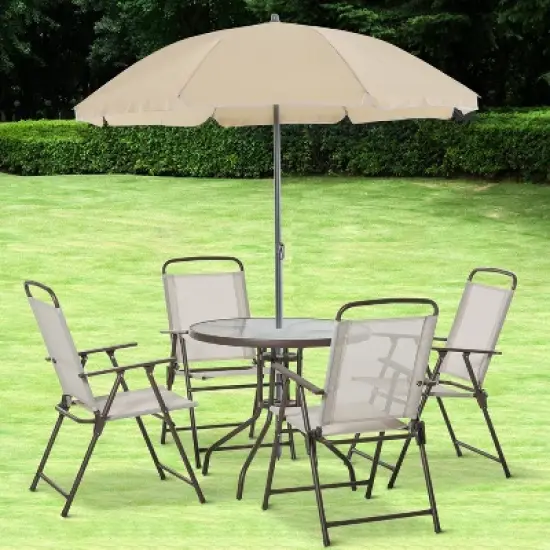Outsunny 6 Piece Patio Dining Set for 4 with Umbrella, 4 Folding Dining Chairs & Round Glass Table for Garden, Backyard and Poolside image {2}