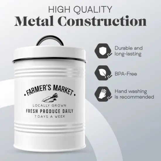 Amici Home Farmers Market Metal Canister, White Round Ribbed Storage Bin with Handle Lid - Decorative Kitchen Organizer - 76 Oz image {2}