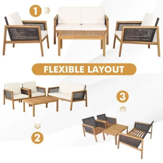Tangkula 8PCS Patio Acacia Wood Furniture Set PE Rattan Conversation Set w/ Off White Cushions image {5}