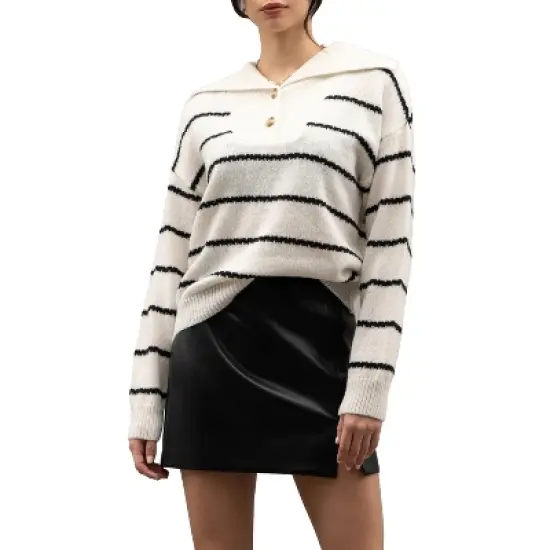 August Sky Women's Nautical Breton Stripe Shawl Collar Sweater image {6}