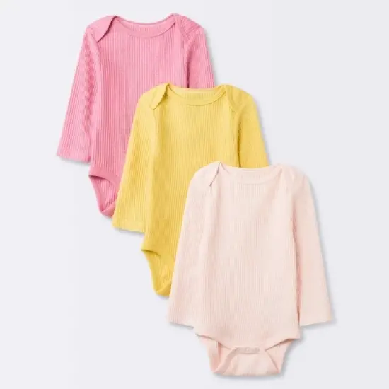 Baby Girls' 3pk Long Sleeve Waffle Bodysuit - Cloud Island&trade; Pink image {4}
