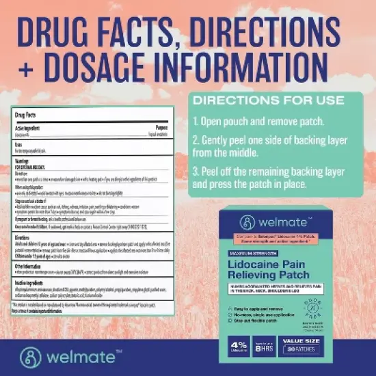 WELMATE Lidocaine 4% Maximum Strength Pain Relief Patch - 30ct image {4}