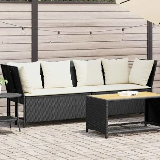 vidaXL Patio Sofa Black Poly Rattan Outdoor Garden Seating Modular Design Steel Frame Cushions Included image {1}