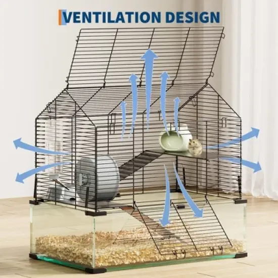 GustoWave Large Hamster Cage with Deep Tempered Glass Bottom, 3 Tiers Hamster Tank with Running Wheel, Hut, Dish, Rat Cage for Small Animal image {4}