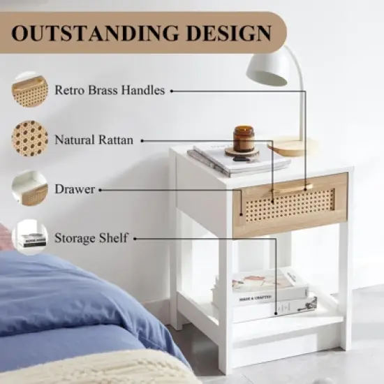 Rattan Nightstand, Modern End Table With Drawer, Nightstand Side Table With Accessories For Living Room Bedroom image {3}