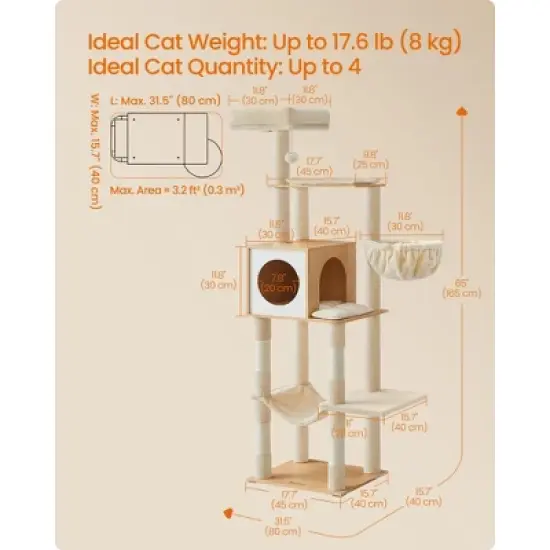 65-Inch Multi-Level Cat Tree Tower with Cave, Basket & Hammock, Includes Scratching Posts & Pompom Toy image {3}