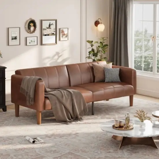 Coucheta 75" PU Leather Futon Sofa Bed, Convertible Loveseat, Adjustable Backrest, Side Pockets, Space-Saving Sleeper Sofa for Small Spaces, Brown image {2}