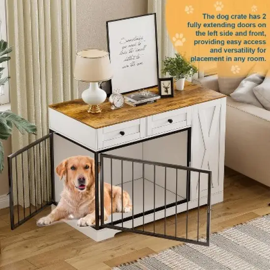 PAKASEPT Dog Crate Furniture, 47"W Dog Crate with Storage Cabinet and Feeder, Dog Kennel Furniture with Double Doors for Small/Medium/Large Dog image {3}